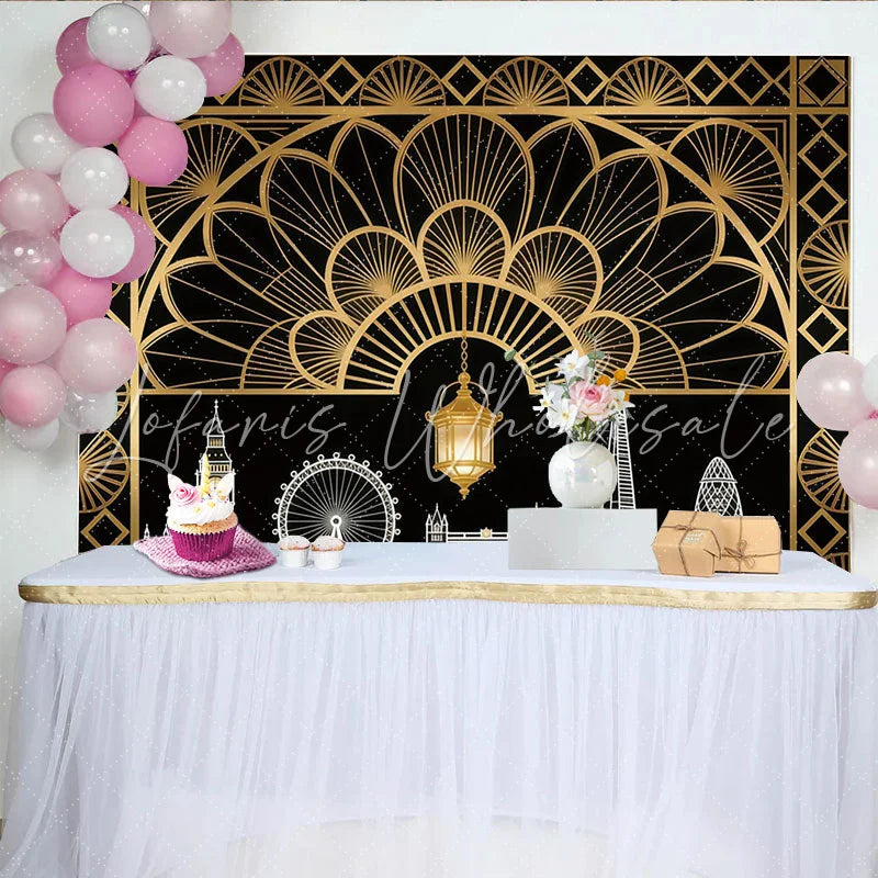 Lofaris Art Deco London Skyline Photography Backdrop with Golden Lantern Elegant Black and Gold Background for Party or Studio Photoshoot