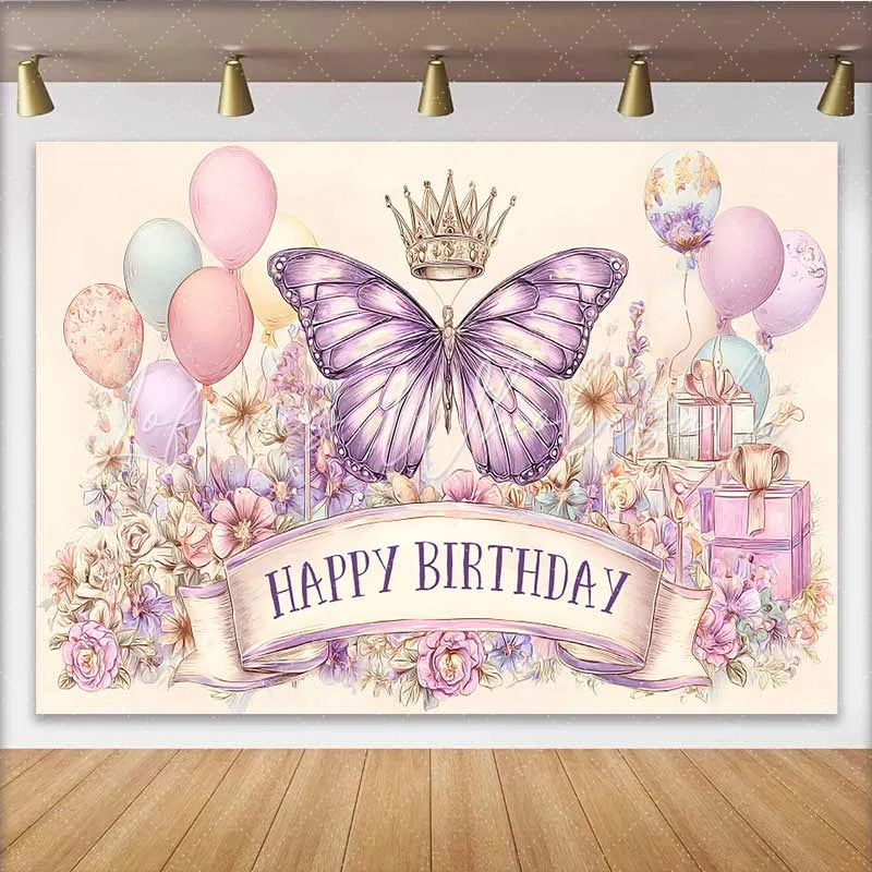 Lofaris Artistic Pink Purple Butterfly Birthday Backdrop Crown Balloon Sketch Background Girl Party Photo Banner