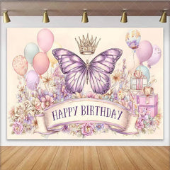 Lofaris Artistic Pink Purple Butterfly Birthday Backdrop Crown Balloon Sketch Background Girl Party Photo Banner