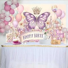 Lofaris Artistic Pink Purple Butterfly Birthday Backdrop Crown Balloon Sketch Background Girl Party Photo Banner