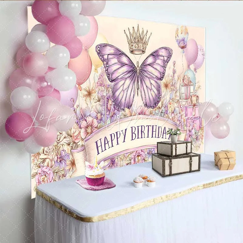 Lofaris Artistic Pink Purple Butterfly Birthday Backdrop Crown Balloon Sketch Background Girl Party Photo Banner