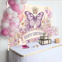 Lofaris Artistic Pink Purple Butterfly Birthday Backdrop Crown Balloon Sketch Background Girl Party Photo Banner