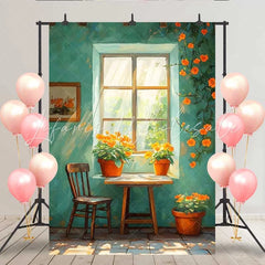 Lofaris Artistic Teal Wall Window Backdrop Orange Flowers and Wooden Chair for Vintage Studio