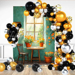 Lofaris Artistic Teal Wall Window Backdrop Orange Flowers and Wooden Chair for Vintage Studio