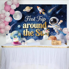 Lofaris Astronaut Space First Birthday Backdrop with Planets and Rocket Starry Sky Party Background for Baby’s First Trip Celebration