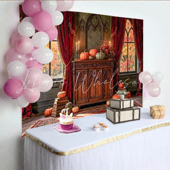 Lofaris Autumn Backdrop with Pumpkins Red Curtains and Gothic Windows Rustic Wooden Cabinet Photo Background for Fall Event Decoration