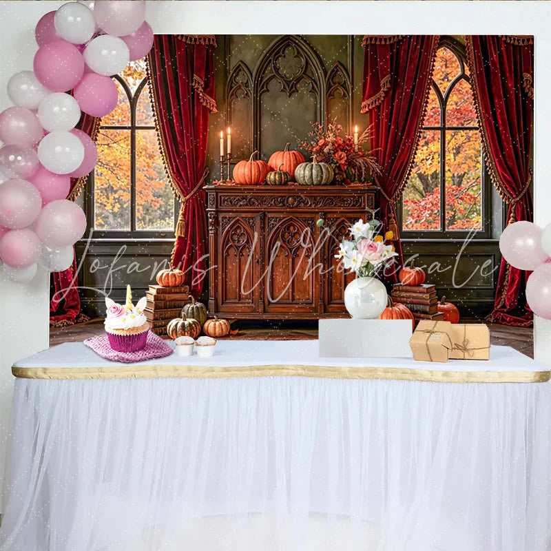 Lofaris Autumn Backdrop with Pumpkins Red Curtains and Gothic Windows Rustic Wooden Cabinet Photo Background for Fall Event Decoration