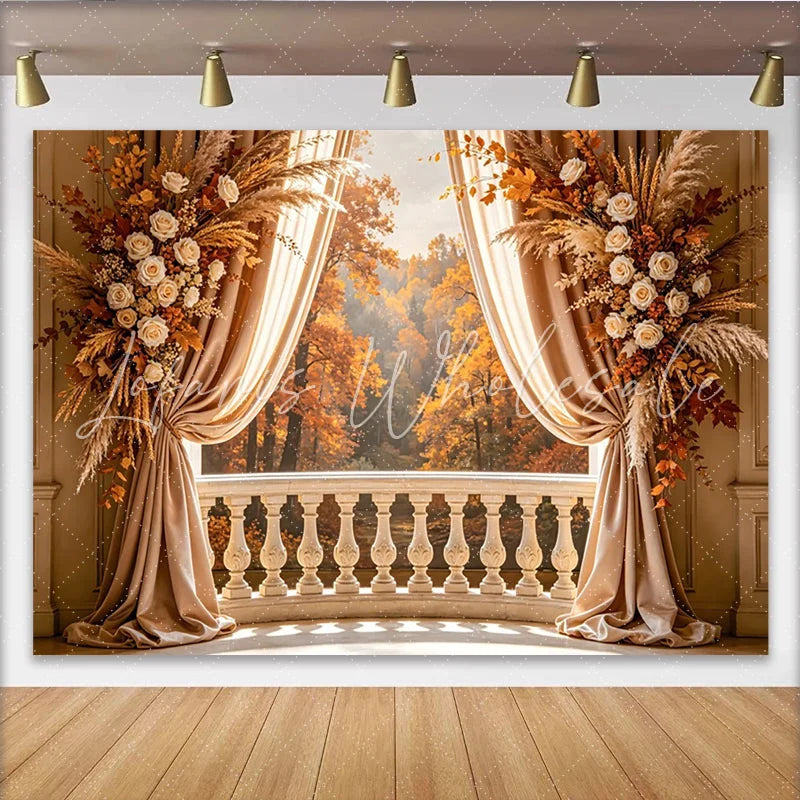 Lofaris Autumn Balcony Photography Backdrop with Elegant Floral Decor Scenic Forest View Background for Professional Portrait Photoshoot