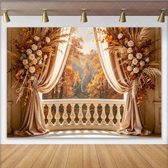 Lofaris Autumn Balcony Photography Backdrop with Elegant Floral Decor Scenic Forest View Background for Professional Portrait Photoshoot