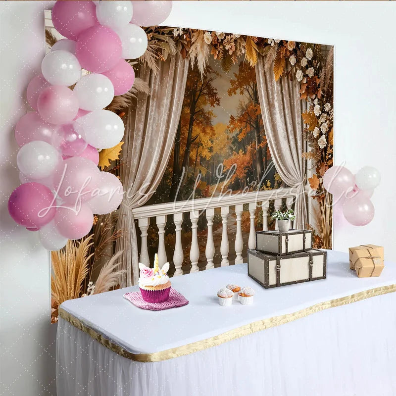 Lofaris Autumn Balcony Photography Backdrop with Fall Forest View White Balustrade and Floral Decor Studio Background for Portraits
