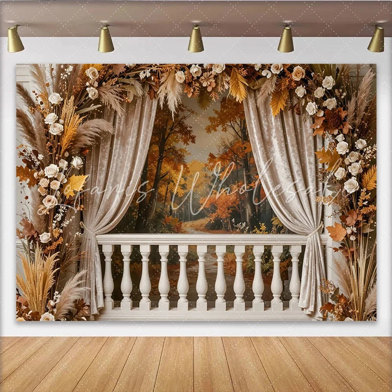 Lofaris Autumn Balcony Photography Backdrop with Fall Forest View White Balustrade and Floral Decor Studio Background for Portraits