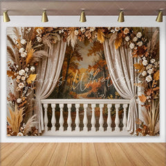 Lofaris Autumn Balcony Photography Backdrop with Fall Forest View White Balustrade and Floral Decor Studio Background for Portraits