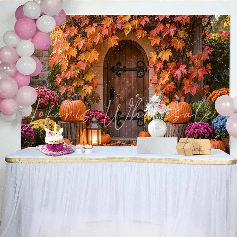 Lofaris Autumn Doorway Holiday Backdrop with Fall Leaves and Pumpkins Cozy Harvest Photo Background for Seasonal Decor