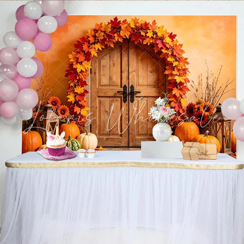 Lofaris Autumn Fall Holiday Backdrop with Rustic Door Pumpkins and Maple Leaves Warm Harvest Festival Photography Background