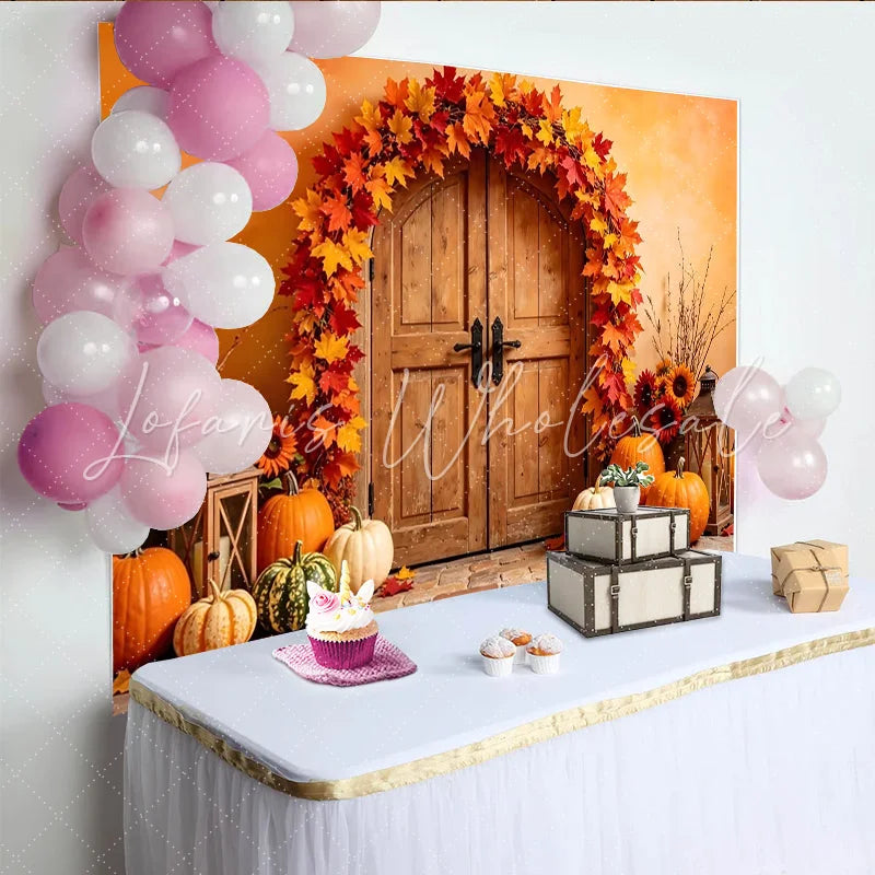 Lofaris Autumn Fall Holiday Backdrop with Rustic Door Pumpkins and Maple Leaves Warm Harvest Festival Photography Background