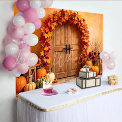 Lofaris Autumn Fall Holiday Backdrop with Rustic Door Pumpkins and Maple Leaves Warm Harvest Festival Photography Background