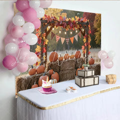 Lofaris Autumn Fall Pumpkin Backdrop with Wooden Arch and Colorful Leaves Plaid Bunting Banner Harvest Photography Background for Party