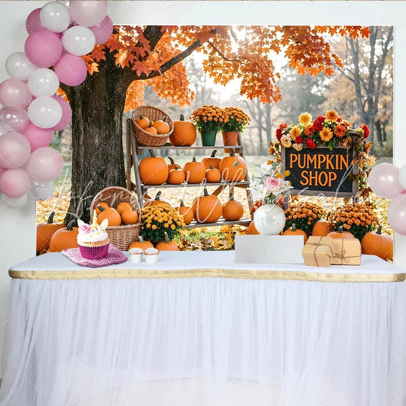 Lofaris Autumn Fall Pumpkin Shop Backdrop with Orange Leaves Harvest Decor Outdoor Scene Background for Seasonal Photoshoot.
