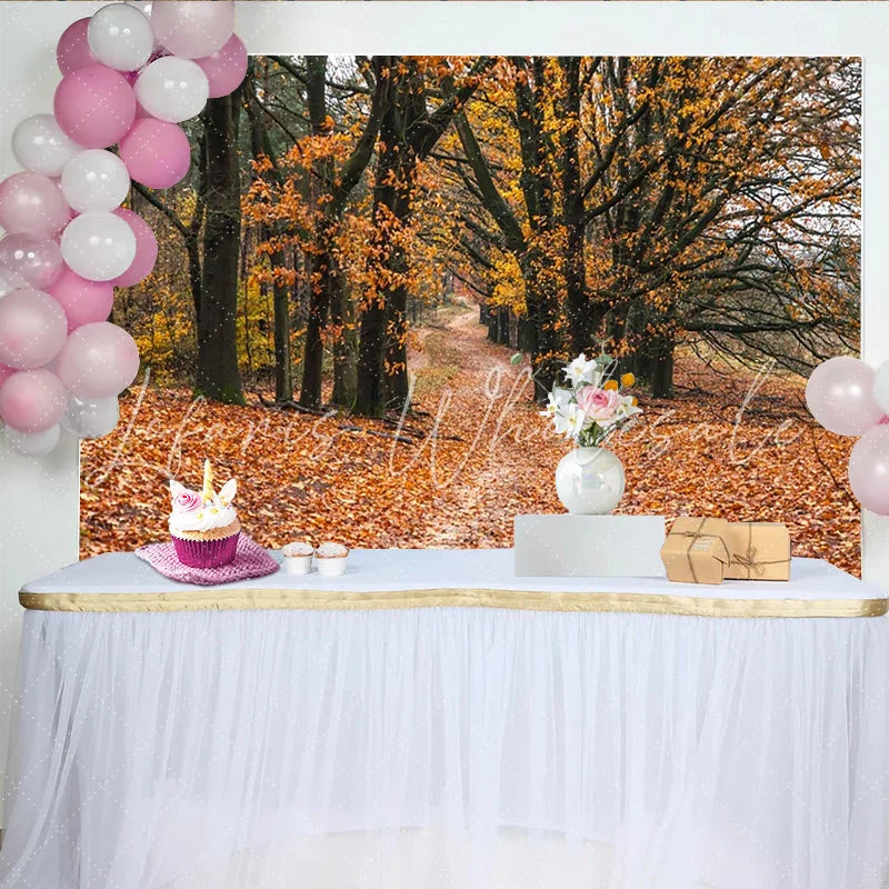 Lofaris Autumn Forest Photography Backdrop with Golden Leaves and Path Natural Seasonal Background for Studio Portrait and Photoshoot