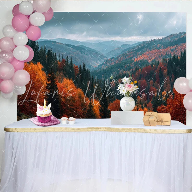 Lofaris Autumn Forest Photography Backdrop with Vibrant Orange and Red Trees Natural Mountain Landscape Background for Studio Photoshoot