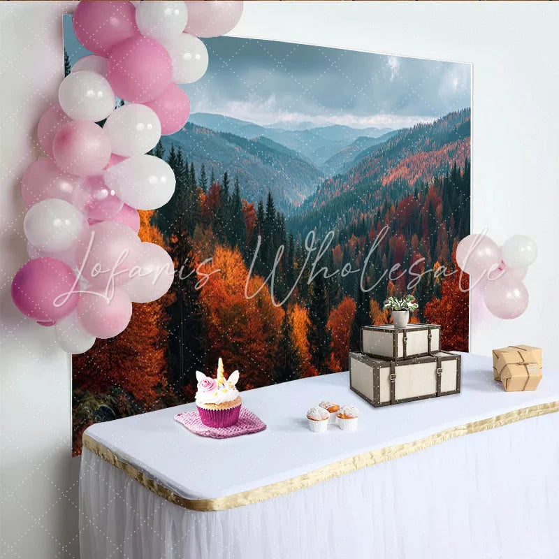 Lofaris Autumn Forest Photography Backdrop with Vibrant Orange and Red Trees Natural Mountain Landscape Background for Studio Photoshoot
