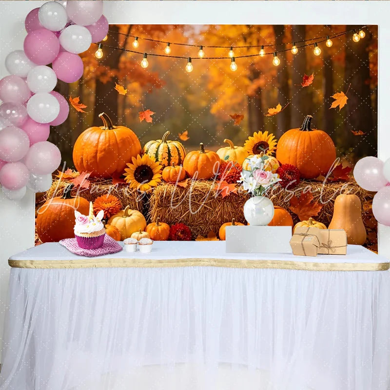 Lofaris Autumn Harvest Backdrop with Pumpkins and Sunflowers Thanksgiving Fall Photography Background with String Lights
