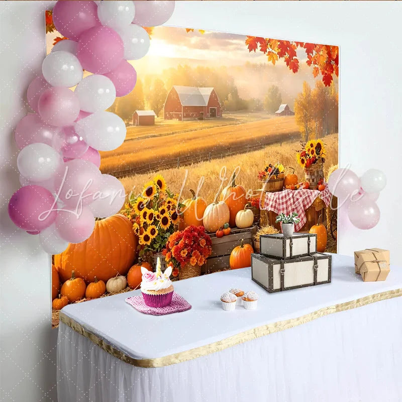 Lofaris Autumn Harvest Farm Backdrop with Pumpkins and Sunflowers Golden Field Photography Background for Fall Festival Party Decor