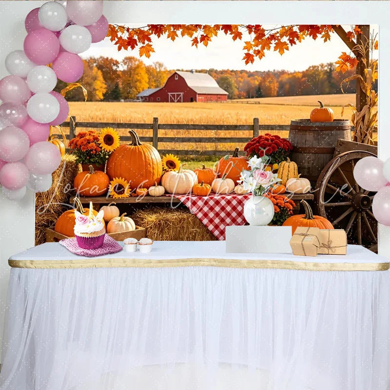 Lofaris Autumn Harvest Farm Photography Backdrop with Pumpkins Hay Bales and Red Barn Fall Season Background for Thanksgiving Party Decor