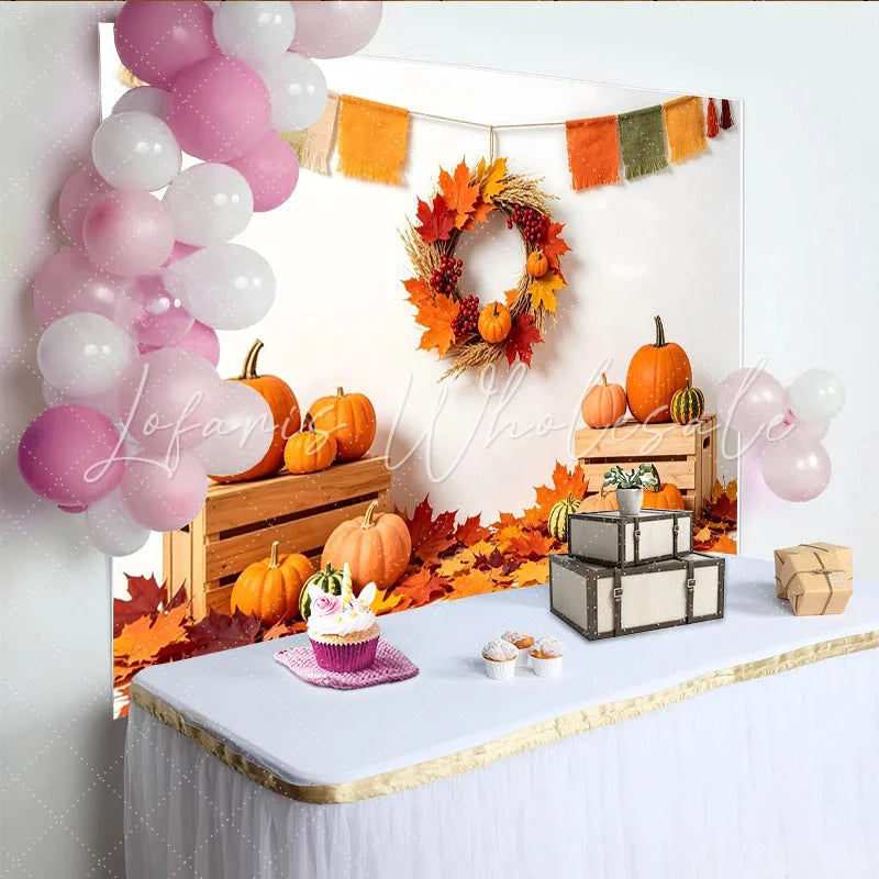 Lofaris Autumn Harvest Holiday Backdrop with Pumpkins and Maple Leaves Rustic Fall Photography Background for Thanksgiving Decor