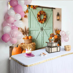 Lofaris Autumn Harvest Holiday Backdrop with Pumpkins Hay Bales and Mint Barn Door Rustic Fall Photography Background for Seasonal Decor