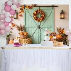 Lofaris Autumn Harvest Holiday Backdrop with Pumpkins Hay Bales and Mint Barn Door Rustic Fall Photography Background for Seasonal Decor