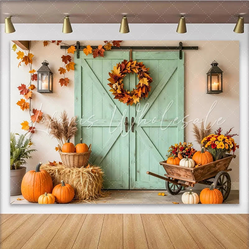 Lofaris Autumn Harvest Holiday Backdrop with Pumpkins Hay Bales and Mint Barn Door Rustic Fall Photography Background for Seasonal Decor