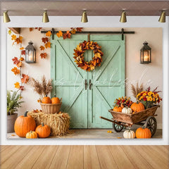 Lofaris Autumn Harvest Holiday Backdrop with Pumpkins Hay Bales and Mint Barn Door Rustic Fall Photography Background for Seasonal Decor