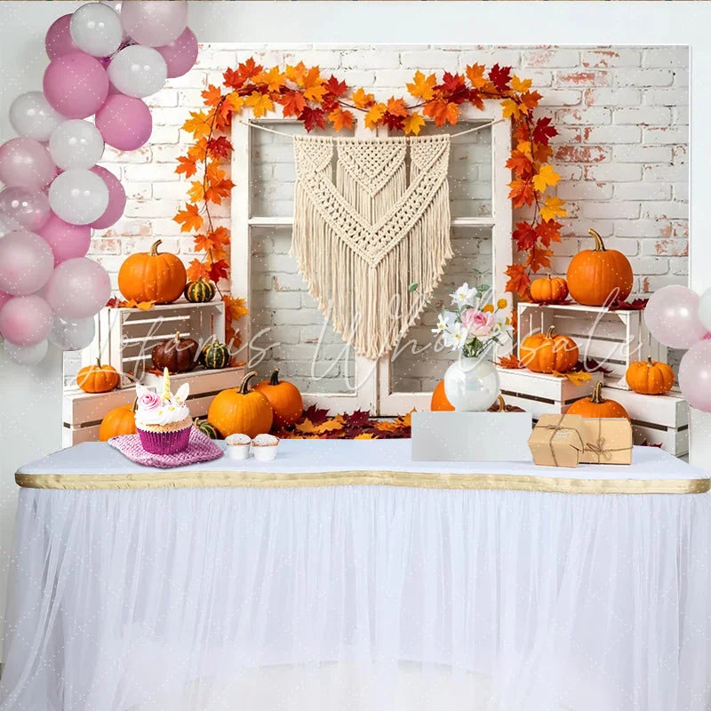 Lofaris Autumn Harvest Photography Backdrop with Pumpkins and Maple Leaves Rustic White Brick Wall Background for Fall Party Decor
