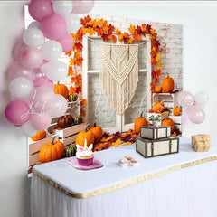 Lofaris Autumn Harvest Photography Backdrop with Pumpkins and Maple Leaves Rustic White Brick Wall Background for Fall Party Decor