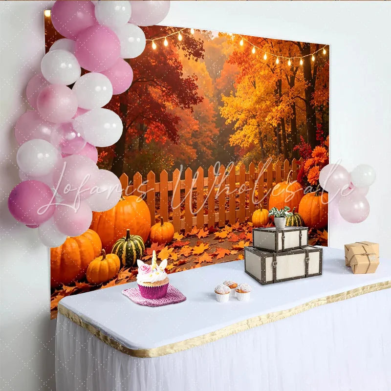Lofaris Autumn Harvest Photography Backdrop with Pumpkins Fall Leaves and String Lights Rustic Wooden Fence Background for Studio Photoshoot