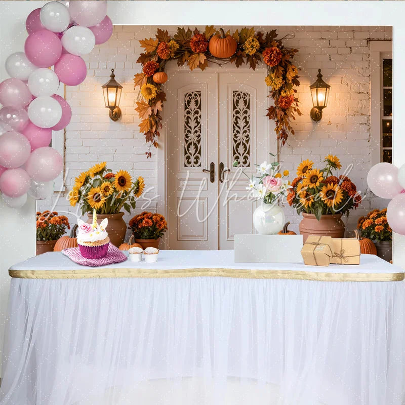 Lofaris Autumn Holiday Backdrop with Pumpkins and Fall Leaves for Front Door Decor Seasonal Background Banner for Thanksgiving Party