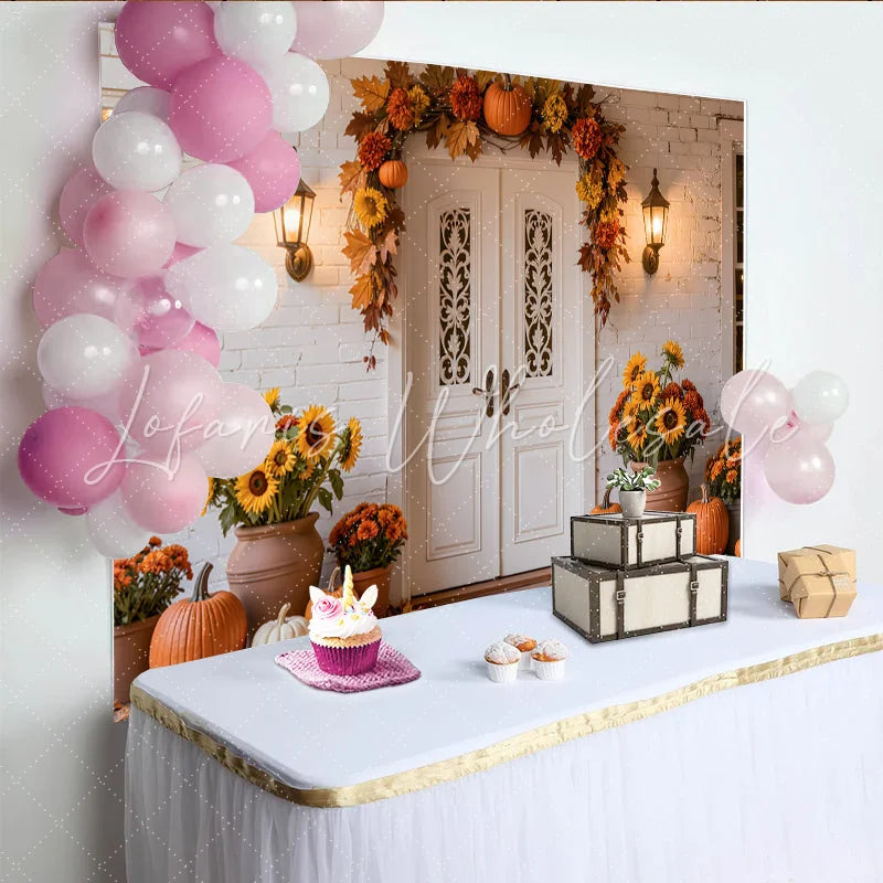 Lofaris Autumn Holiday Backdrop with Pumpkins and Fall Leaves for Front Door Decor Seasonal Background Banner for Thanksgiving Party