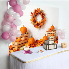 Lofaris Autumn Holiday Backdrop with Pumpkins Maple Leaves and Wreath Rustic Fall Photography Background for Seasonal Decor
