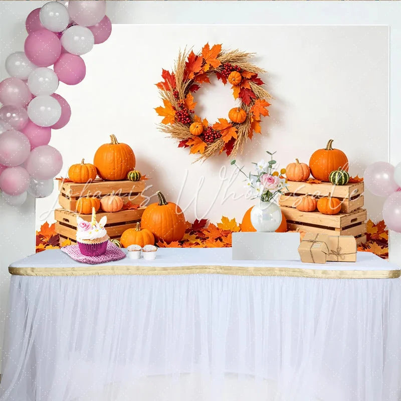 Lofaris Autumn Holiday Backdrop with Pumpkins Maple Leaves and Wreath Rustic Fall Photography Background for Seasonal Decor
