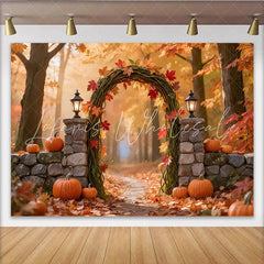 Lofaris Autumn Photography Backdrop with Fall Leaves and Pumpkins Rustic Archway Studio Background for Seasonal Photoshoot