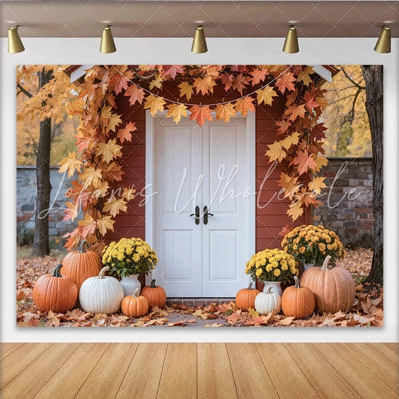 Lofaris Autumn Photography Backdrop with Red House White Door and Maple Leaves Fall Harvest Scene Background for Studio Photoshoot