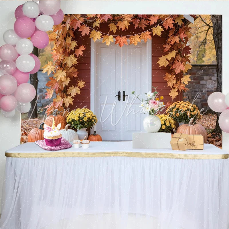 Lofaris Autumn Photography Backdrop with Red House White Door and Maple Leaves Fall Harvest Scene Background for Studio Photoshoot