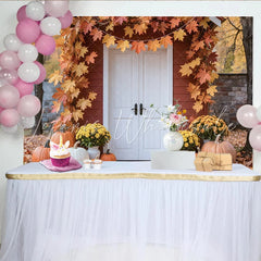 Lofaris Autumn Photography Backdrop with Red House White Door and Maple Leaves Fall Harvest Scene Background for Studio Photoshoot