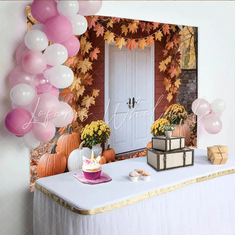 Lofaris Autumn Photography Backdrop with Red House White Door and Maple Leaves Fall Harvest Scene Background for Studio Photoshoot