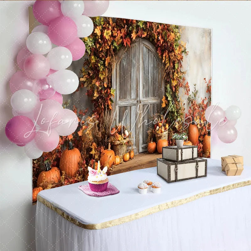 Lofaris Autumn Photography Backdrop with Rustic Wooden Door and Pumpkins Fall Leaves Studio Background for Seasonal Holiday Decor