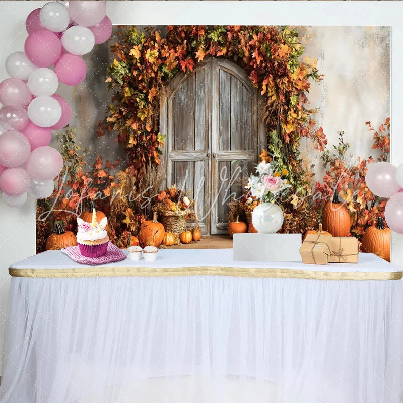 Lofaris Autumn Photography Backdrop with Rustic Wooden Door and Pumpkins Fall Leaves Studio Background for Seasonal Holiday Decor