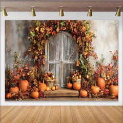 Lofaris Autumn Photography Backdrop with Rustic Wooden Door and Pumpkins Fall Leaves Studio Background for Seasonal Holiday Decor