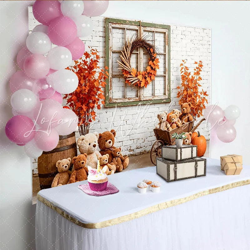 Lofaris Autumn Photography Backdrop with Teddy Bears and Pumpkins Cozy Fall Studio Background for Portrait Photoshoot