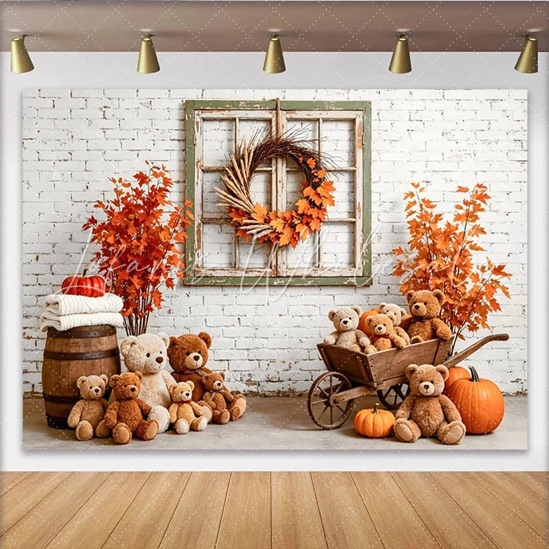 Lofaris Autumn Photography Backdrop with Teddy Bears and Pumpkins Cozy Fall Studio Background for Portrait Photoshoot